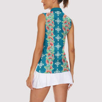 Hawaii Ohia Lehua Women Sleeveless Polo Shirt Tropical Vibes Teal