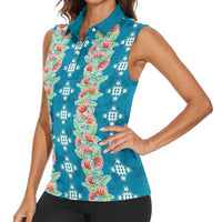 Hawaii Ohia Lehua Women Sleeveless Polo Shirt Tropical Vibes Teal