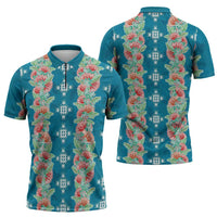 Hawaii Ohia Lehua Zipper Polo Shirt Tropical Vibes Teal