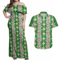 Hawaii Ohia Lehua Couples Matching Off Shoulder Maxi Dress and Hawaiian Shirt Tropical Vibes Green