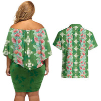 Hawaii Ohia Lehua Couples Matching Off Shoulder Short Dress and Hawaiian Shirt Tropical Vibes Green