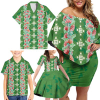 Hawaii Ohia Lehua Family Matching Off Shoulder Short Dress and Hawaiian Shirt Tropical Vibes Green