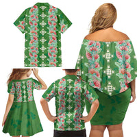 Hawaii Ohia Lehua Family Matching Off Shoulder Short Dress and Hawaiian Shirt Tropical Vibes Green