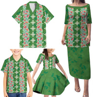 Hawaii Ohia Lehua Family Matching Puletasi and Hawaiian Shirt Tropical Vibes Green