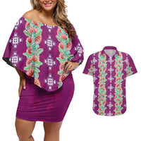 Hawaii Ohia Lehua Couples Matching Off Shoulder Short Dress and Hawaiian Shirt Tropical Vibes Fuchsia