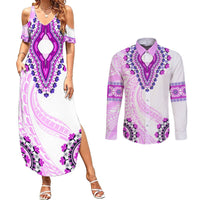 Africa Dashiki Couples Matching Summer Maxi Dress and Long Sleeve Button Shirt With Polynesian Pattern Pink Version LT05 Pink - Polynesian Pride