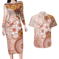 Tonga Ngatu Pattern With Light Tabasco Hibiscus Couples Matching Long Sleeve Bodycon Dress and Hawaiian Shirt Oil Painting Style LT05 Light Tabasco - Polynesian Pride