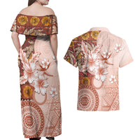 Tonga Ngatu Pattern With Light Tabasco Hibiscus Couples Matching Off Shoulder Maxi Dress and Hawaiian Shirt Oil Painting Style LT05 - Polynesian Pride