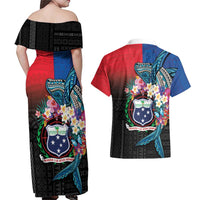 Samoa Couples Matching Off Shoulder Maxi Dress and Hawaiian Shirt Humpback Whale Siapo Pattern LT05 - Polynesian Pride