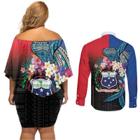 Samoa Couples Matching Off Shoulder Short Dress and Long Sleeve Button Shirt Humpback Whale Siapo Pattern