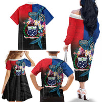 Samoa Family Matching Off The Shoulder Long Sleeve Dress and Hawaiian Shirt Humpback Whale Siapo Pattern