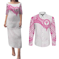 Personalised New Zealand Aotearoa Couples Matching Puletasi and Long Sleeve Button Shirt Nurse Tribal Pink Version