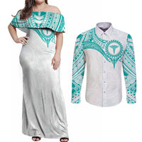 Personalised New Zealand Aotearoa Couples Matching Off Shoulder Maxi Dress and Long Sleeve Button Shirt Nurse Tribal Teal Version