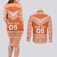 Personalised Tonga Tailulu College Couples Matching Long Sleeve Bodycon Dress and Long Sleeve Button Shirt Tongan Kupesi Pattern