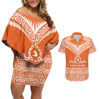 Personalised Tonga Tailulu College Couples Matching Off Shoulder Short Dress and Hawaiian Shirt Tongan Kupesi Pattern LT05 Orange - Polynesian Pride
