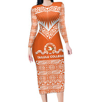 Personalised Tonga Tailulu College Family Matching Long Sleeve Bodycon Dress and Hawaiian Shirt Tongan Kupesi Pattern