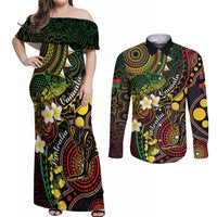 Vanuatu And Australia Aboriginal Couples Matching Off Shoulder Maxi Dress and Long Sleeve Button Shirt Iguana And Kangaroo Together LT05 Black - Polynesian Pride
