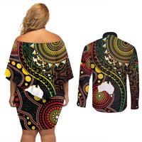 Vanuatu And Australia Aboriginal Couples Matching Off Shoulder Short Dress and Long Sleeve Button Shirt Iguana And Kangaroo Together LT05 - Polynesian Pride