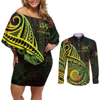 Personalised Fiji Lovoni Day Couples Matching Off Shoulder Short Dress and Long Sleeve Button Shirt 154th Years