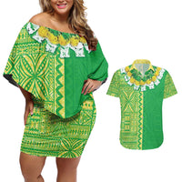 Fiji Lovoni Couples Matching Off Shoulder Short Dress and Hawaiian Shirt Fijian Tapa Salusalu Green Glitter