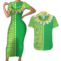 Fiji Lovoni Couples Matching Short Sleeve Bodycon Dress and Hawaiian Shirt Fijian Tapa Salusalu Green Glitter