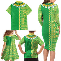 Fiji Lovoni Family Matching Long Sleeve Bodycon Dress and Hawaiian Shirt Fijian Tapa Salusalu Green Glitter