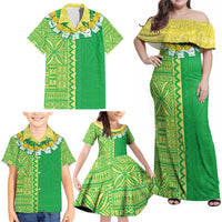 Fiji Lovoni Family Matching Off Shoulder Maxi Dress and Hawaiian Shirt Fijian Tapa Salusalu Green Glitter