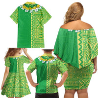 Fiji Lovoni Family Matching Off Shoulder Short Dress and Hawaiian Shirt Fijian Tapa Salusalu Green Glitter