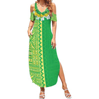 Fiji Lovoni Family Matching Summer Maxi Dress and Hawaiian Shirt Fijian Tapa Salusalu Green Glitter