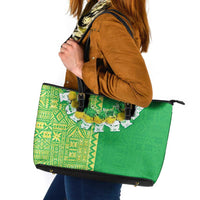 Fiji Lovoni Leather Tote Bag Fijian Tapa Salusalu Green Glitter