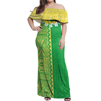 Fiji Lovoni Off Shoulder Maxi Dress Fijian Tapa Salusalu Green Glitter