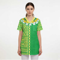 Fiji Lovoni Scrub Top Fijian Tapa Salusalu Green Glitter - Polynesian Pride