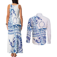 Pohnpei Liberation Day Couples Matching Tank Maxi Dress and Long Sleeve Button Shirt Polynesian Floral Tattoo - Polynesian Pride