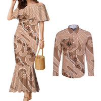 Hawaii Brown Hibiscus Pikake Lei Couples Matching Mermaid Dress and Long Sleeve Button Shirt - Polynesian Pride