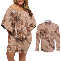 Hawaii Brown Hibiscus Pikake Lei Couples Matching Off Shoulder Short Dress and Long Sleeve Button Shirt LT05 Brown - Polynesian Pride