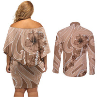 Hawaii Brown Hibiscus Pikake Lei Couples Matching Off Shoulder Short Dress and Long Sleeve Button Shirt LT05 - Polynesian Pride