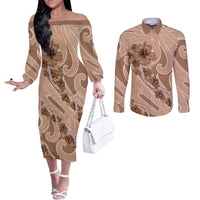Hawaii Brown Hibiscus Pikake Lei Couples Matching Off The Shoulder Long Sleeve Dress and Long Sleeve Button Shirt LT05 Brown - Polynesian Pride