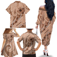 Hawaii Brown Hibiscus Pikake Lei Family Matching Off The Shoulder Long Sleeve Dress and Hawaiian Shirt - Polynesian Pride