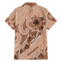 Hawaii Brown Hibiscus Pikake Lei Family Matching Off The Shoulder Long Sleeve Dress and Hawaiian Shirt - Polynesian Pride