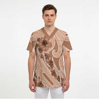 Hawaii Brown Hibiscus Pikake Lei Scrub Top - Polynesian Pride