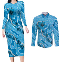 Hawaii Blue Hibiscus Pikake Lei Couples Matching Long Sleeve Bodycon Dress and Long Sleeve Button Shirt - Polynesian Pride