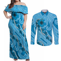 Hawaii Blue Hibiscus Pikake Lei Couples Matching Off Shoulder Maxi Dress and Long Sleeve Button Shirt LT05 Blue - Polynesian Pride