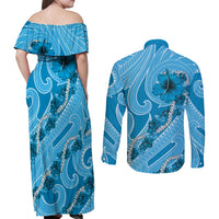 Hawaii Blue Hibiscus Pikake Lei Couples Matching Off Shoulder Maxi Dress and Long Sleeve Button Shirt LT05 - Polynesian Pride