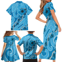 Hawaii Blue Hibiscus Pikake Lei Family Matching Short Sleeve Bodycon Dress and Hawaiian Shirt - Polynesian Pride