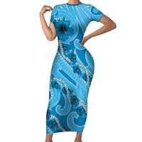 Hawaii Blue Hibiscus Pikake Lei Family Matching Short Sleeve Bodycon Dress and Hawaiian Shirt - Polynesian Pride