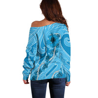 Hawaii Blue Hibiscus Pikake Lei Off Shoulder Sweater - Polynesian Pride