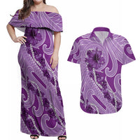 Hawaii Violet Hibiscus Pikake Lei Couples Matching Off Shoulder Maxi Dress and Hawaiian Shirt LT05 Violet - Polynesian Pride