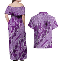 Hawaii Violet Hibiscus Pikake Lei Couples Matching Off Shoulder Maxi Dress and Hawaiian Shirt LT05 - Polynesian Pride