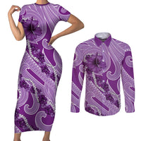 Hawaii Violet Hibiscus Pikake Lei Couples Matching Short Sleeve Bodycon Dress and Long Sleeve Button Shirt LT05 Violet - Polynesian Pride