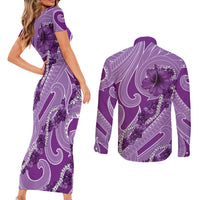 Hawaii Violet Hibiscus Pikake Lei Couples Matching Short Sleeve Bodycon Dress and Long Sleeve Button Shirt LT05 - Polynesian Pride